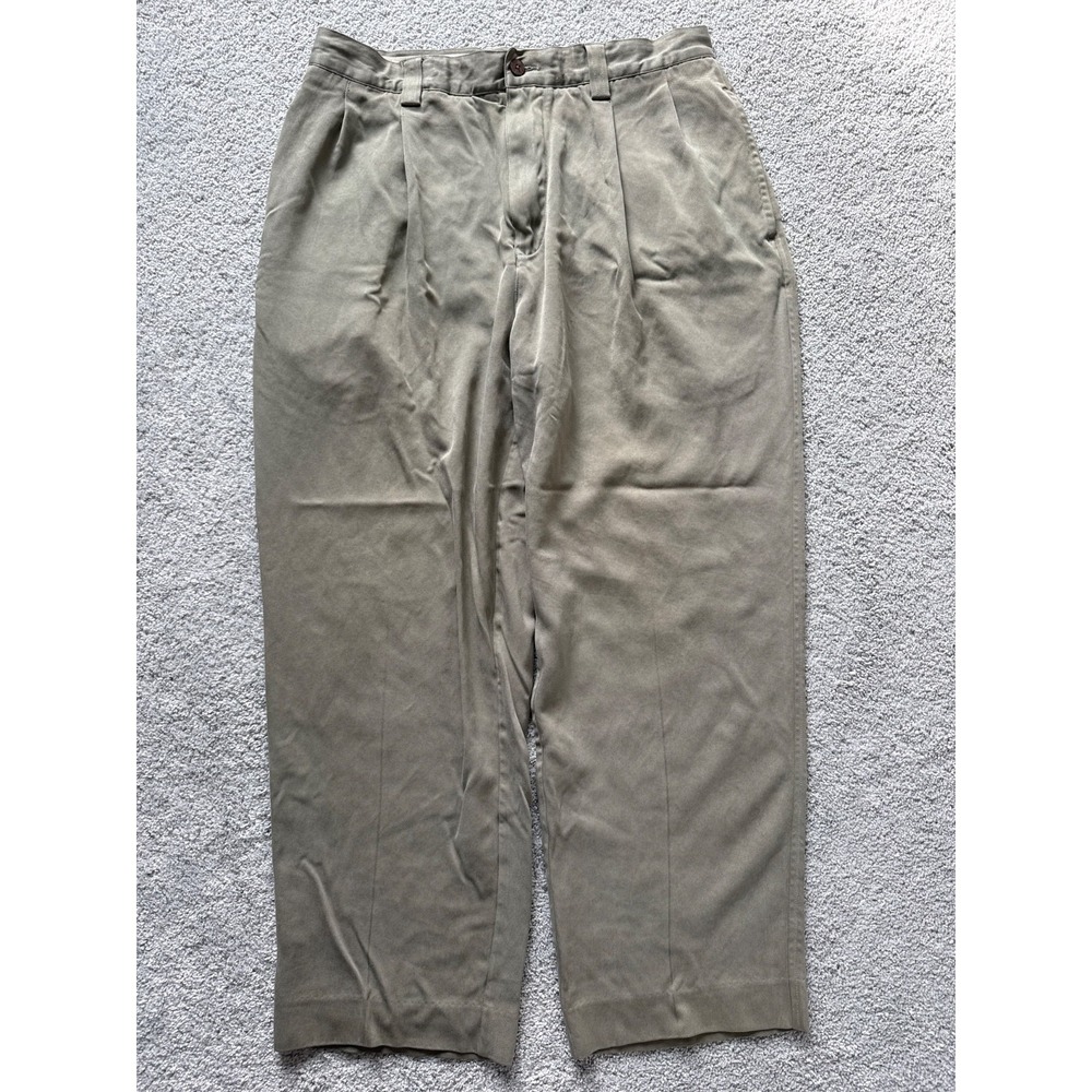 Tommy Bahama Size 35 Olive‎ Straight Pleated Pants Men 100% Silk Chino Relax